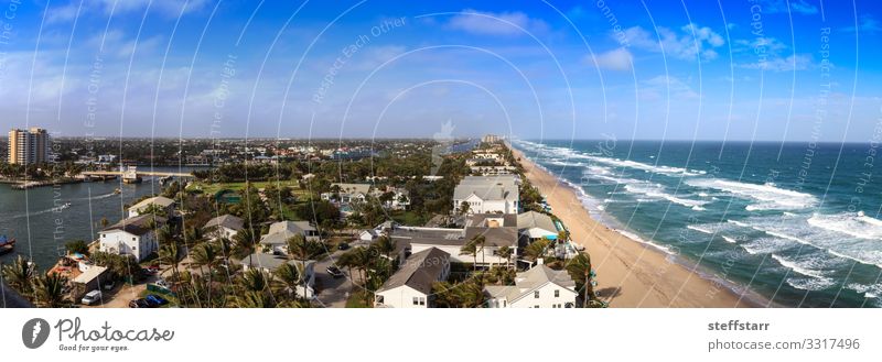 Aerial view of Hillsboro Beach Ocean Nature Landscape Beautiful weather Coast Aircraft Blue Hillsboro inlet Pompano Beach Florida Blue sky coastal