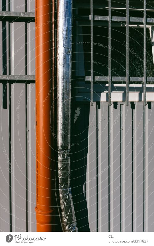 tubes Construction site Pipe Downspout Grating Container Metal Gray Red Silver Window Colour photo Exterior shot Deserted Day