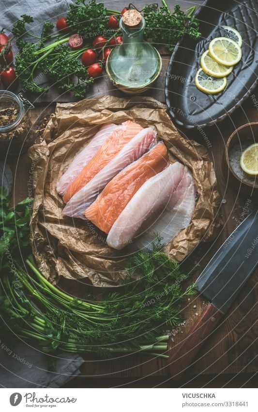 Various fish fillets on kitchen table Food Fish Herbs and spices Nutrition Organic produce Diet Crockery Shopping Design Healthy Eating Restaurant various