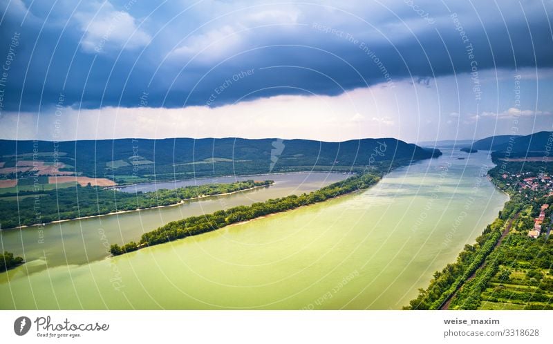 Aerial view of Danube river near Visegrad in Hungary Vacation & Travel Tourism Sightseeing Summer Mountain Environment Nature Landscape Sky Clouds Storm clouds