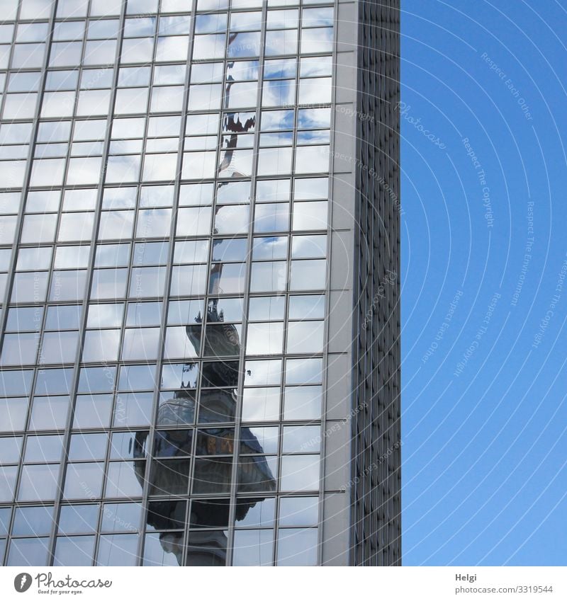 Berlin television tower reflected in the facade of a high-rise building Sky Clouds Capital city Downtown High-rise Manmade structures Building Architecture