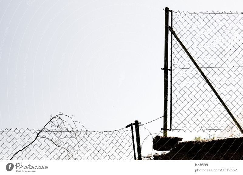 Fence, stone and tree Gap in the fence Fence post Branch Concrete Concrete slab Border Threat Simple Creepy Hideous Broken Modern Town Might Safety Protection