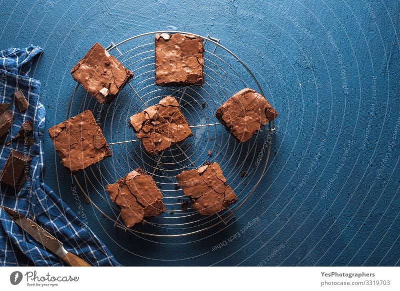 Brownies cake squares on cooling rack. Chocolate fudge brownies Cake Dessert Candy Delicious Sweet Blue above view american dessert Baked goods Blue background