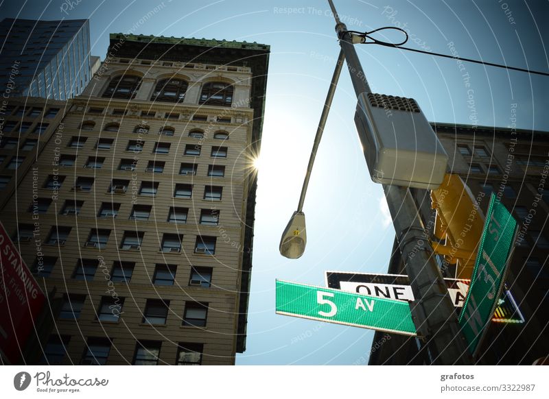 good morning NY Shopping Vacation & Travel Tourism City trip New York City Downtown Pedestrian precinct Street Crossroads Road sign Fifth Avenue Exceptional