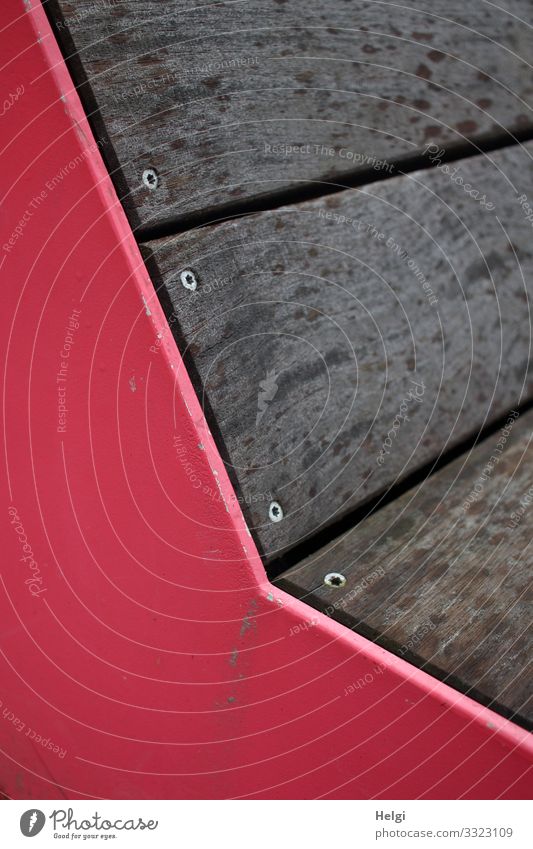 Detail of a wooden bench with metal side Bench Screw Wood Metal Stand Exceptional Sharp-edged Simple Uniqueness Brown Gray Pink Bizarre Design Colour photo