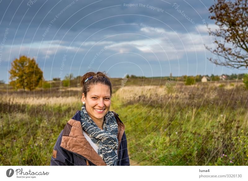 cheerful young woman Woman Laughter Nature youthful relaxed fortunate Young woman Portrait photograph contented Smiling Joy confident time-out Autumn Scarf