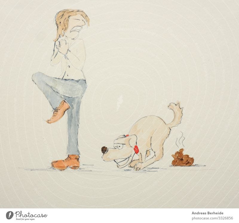 Dog owner is disgusted of the dog poo Joy Human being 1 Pet Animal Love of animals Disgust train defecate friend Illustration drawing Living thing cute Joke