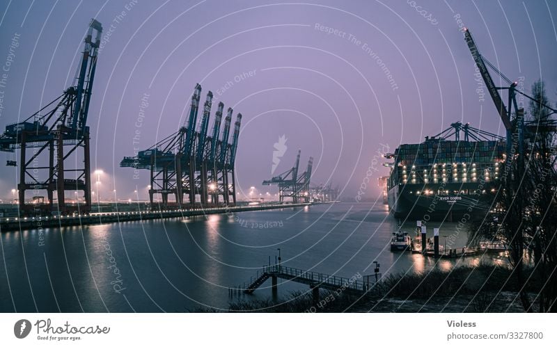 and it's still drizzling Port City Harbour Logistics Navigation Container ship Watercraft Port of Hamburg crane Dark Maritime Fog Rain Elbe burchardkai