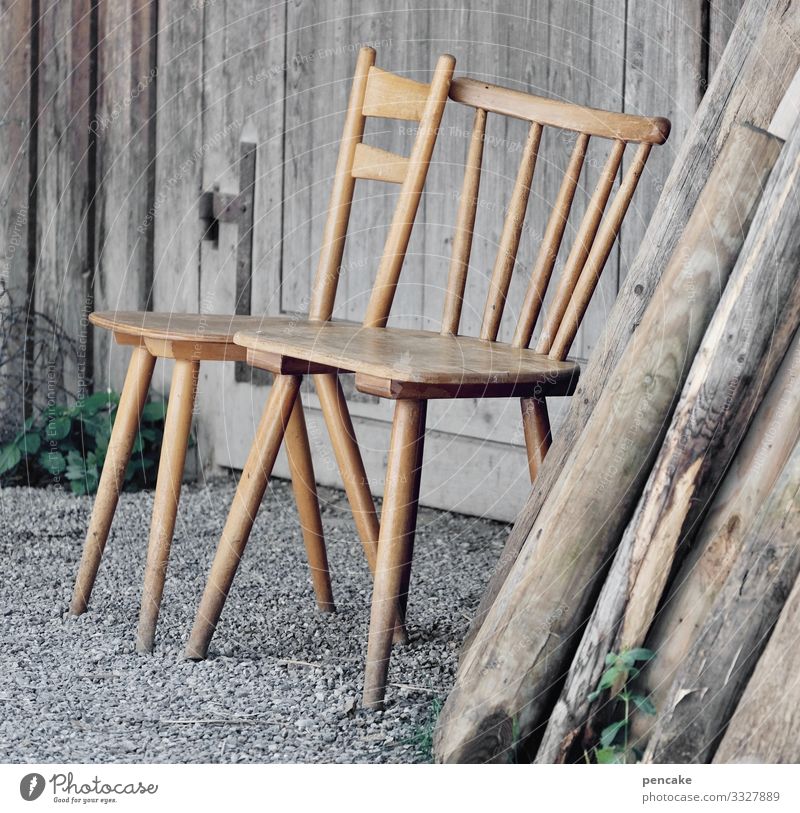 deserted | corona thoughts Deserted chairs Wood Hut forsake sb./sth. two seat Lonely Empty Colour photo Day Old Loneliness Calm output lock