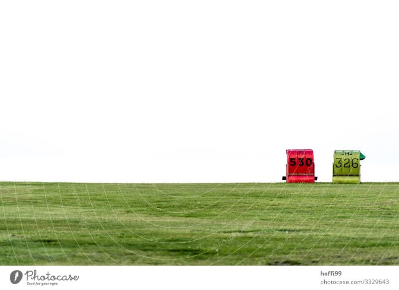 Beach chairs at the dike Bad weather Fog Grass North Sea Dike Esthetic Bright Cold Maritime Natural Green Red White Together Romance Relationship Loneliness