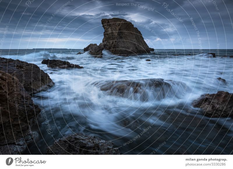 Crete. Beach Ocean Nature Rock Coast Moody Europe Mediterranean Greece Greek Lasithi Kalo Nero seascape blue hour sea stack Dramatic Morning Long exposure