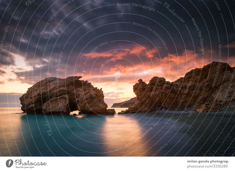 Crete. Beach Ocean Nature Coast Moody Europe Mediterranean Greece Greek Heraklion Tersta seascape Sunset sea stack Dusk Rock arch Evening Long exposure