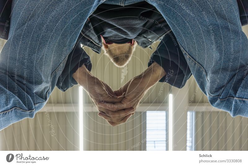 waiting Masculine Male senior Man Hand Fingers 1 Human being 45 - 60 years Adults Wait Blue Black White Serene Patient Calm Interlocked Ceiling Observe