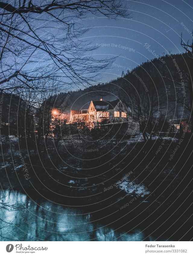 Near the Caucasian state biosphere reserve Environment Landscape Water Sky Night sky Stars Horizon Moon Beautiful weather Ice Frost Snow Plant Tree Grass Hill