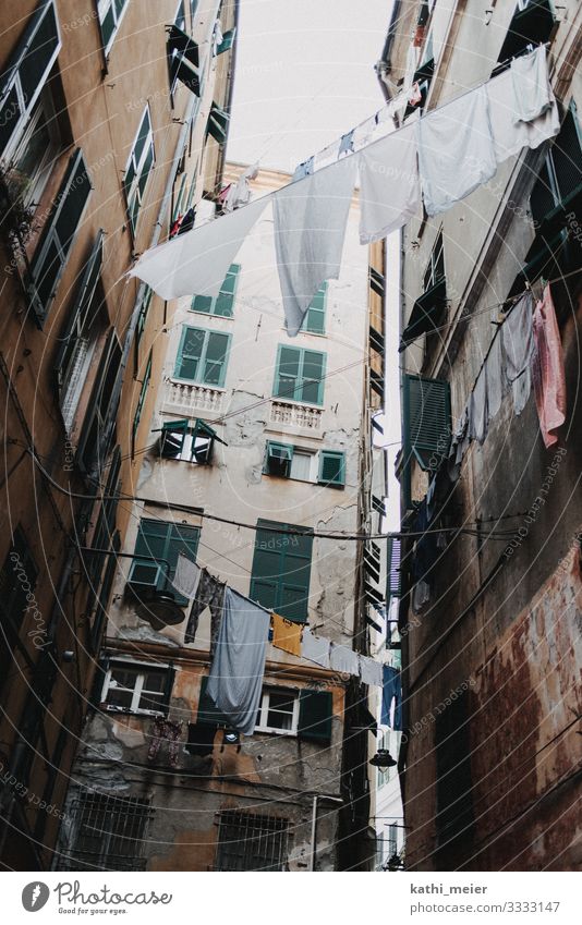 Washing day II Genua Italy Italian Hang Save Living or residing Sustainability Clothesline Laundry Window Shutter Building Facade Building line Retro Colours