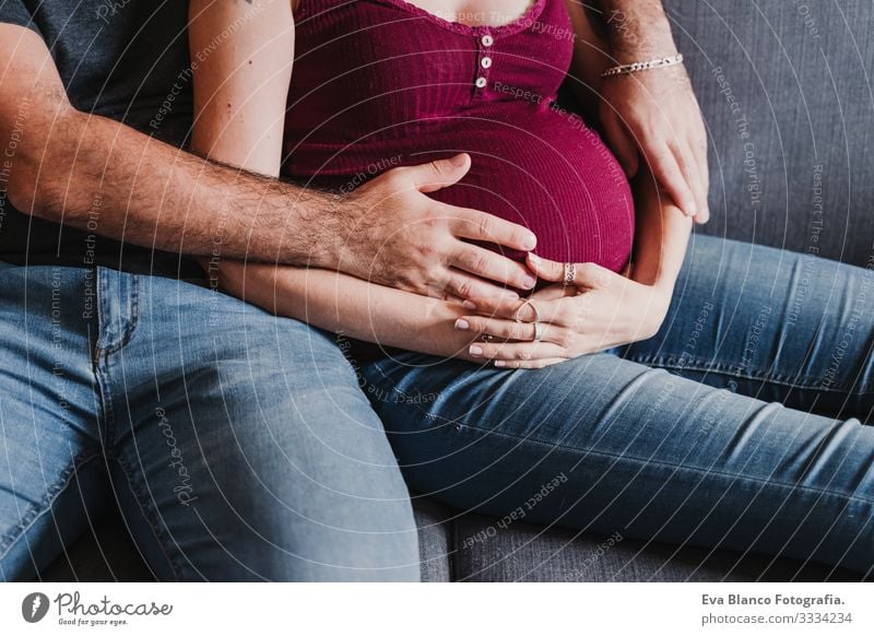 young couple at home hugging. Happy Pregnant woman smiling Couple Love Woman Parents expecting Home Sofa Embrace Kissing parenthood motherhood Husband Wife