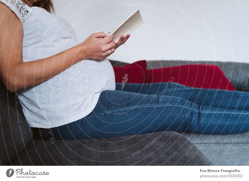 young pregnant woman at home reading a book Pregnant Woman Youth (Young adults) pregnancy Reading Book Home maternity Life Lounge Showing one's bellybutton