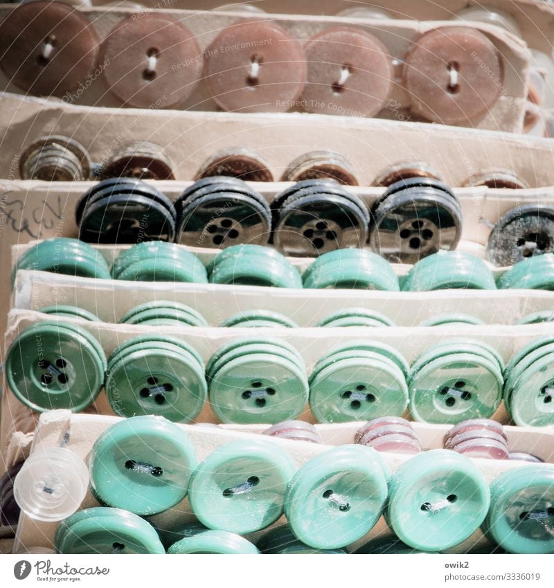 Community of interest Collection Buttons Flea market stall Digits and numbers Old Many Equal Odds and ends Plastic Cardboard Stripe Goods Colour photo