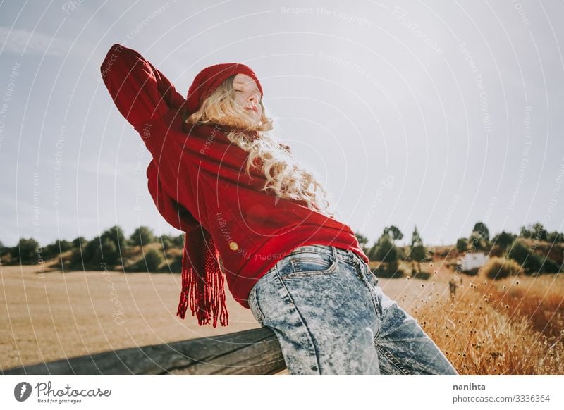 Happy young woman enjoying a sunny day Joy Life Freedom Summer Human being Feminine Young woman Youth (Young adults) Woman Adults Arm 1 18 - 30 years Nature