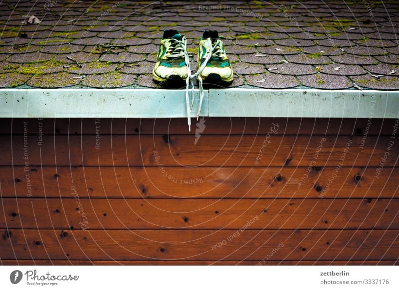 Sneakers on the roof Footwear In pairs Roof Gardenhouse House (Residential Structure) Hut Barn Storage shed Wooden house Trip Berlin Brandenburg Village