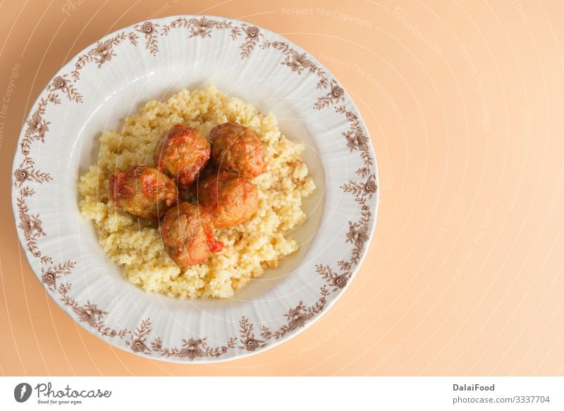 Meatballs with typical Moroccan couscous Dinner Plate Tradition Kefta Marrakesh Morocco background Cereals copyspaces cous-cous Cooking cuscus food hanout