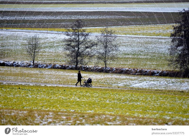 Walk with pram Baby Woman Adults Mother Landscape Winter Ice Frost Snow Tree Meadow Field Brook Lanes & trails Coat Cap Baby carriage Walking Cold