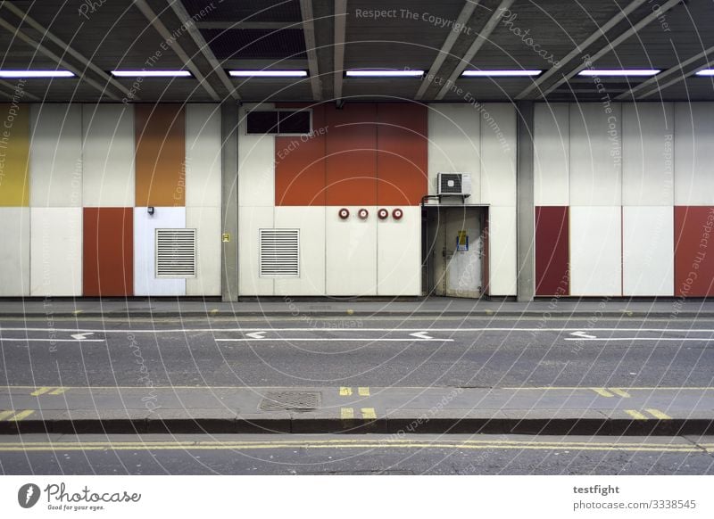 underpass Town Capital city Downtown Deserted Wall (barrier) Wall (building) Facade Door Street Tunnel Gloomy Yellow Gray Orange Red beech street London