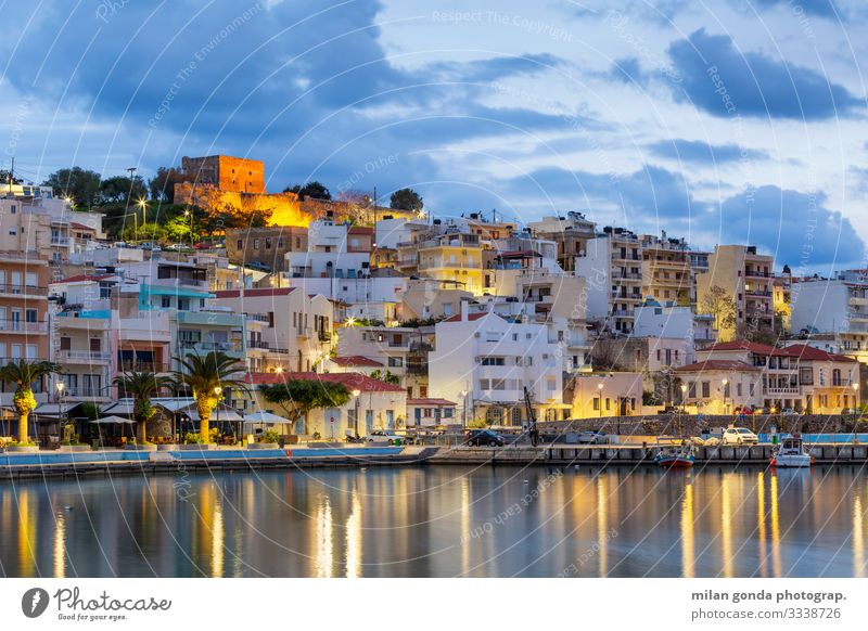 Crete. Ocean Town Old town Castle Harbour Moody Europe Mediterranean Greece Greek Lasithi Sitia the Aegean cityscape blue hour Venetian fortress port Morning