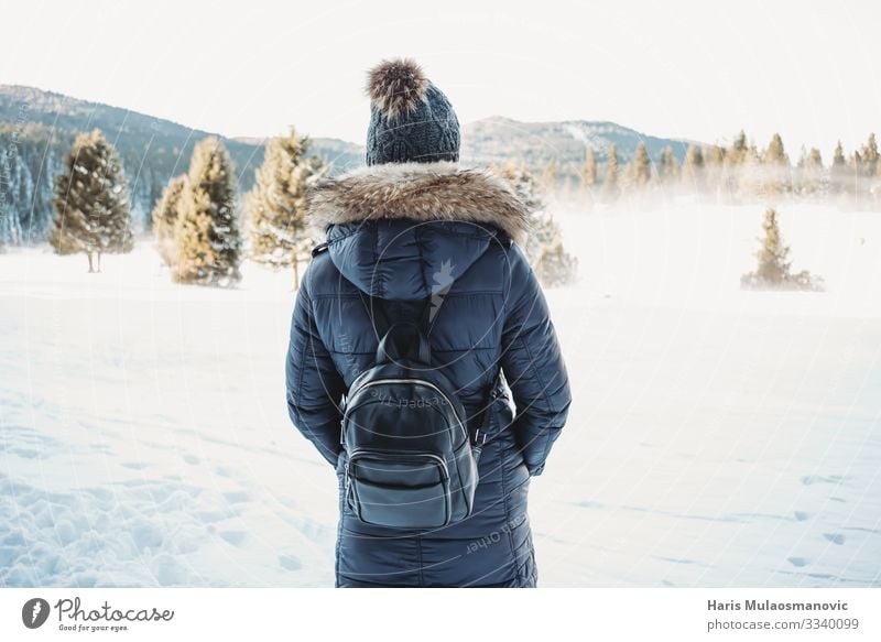 Snow adventure young woman with backpack Lifestyle Wellness Well-being Hiking Human being Youth (Young adults) Body 1 18 - 30 years Adults Environment Nature