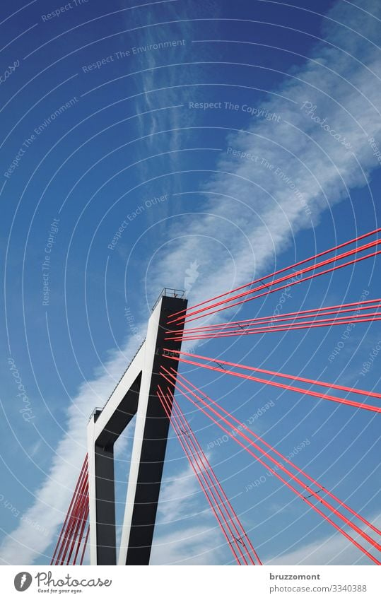 tension Sky Clouds Town Manmade structures Traffic infrastructure Bridge Steel Tall Red Power Cable-stayed bridge Pylon Duesseldorf Carrier Colour photo