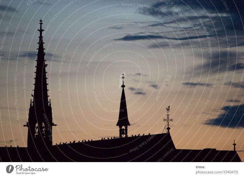 Ascensions | Lightning rod Sky Church Architecture Silhouette Church spire Evening Weathercock religion Tower Clouds Wind Blown away Drift Line Stripe Tall