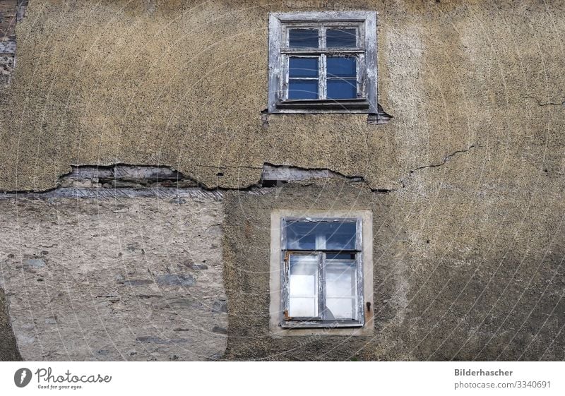 Uninhabited house facade in disrepair Scrap metal Wooden window Broken Damage Wall (building) Window Architecture Old Crack & Rip & Tear Derelict Weathered