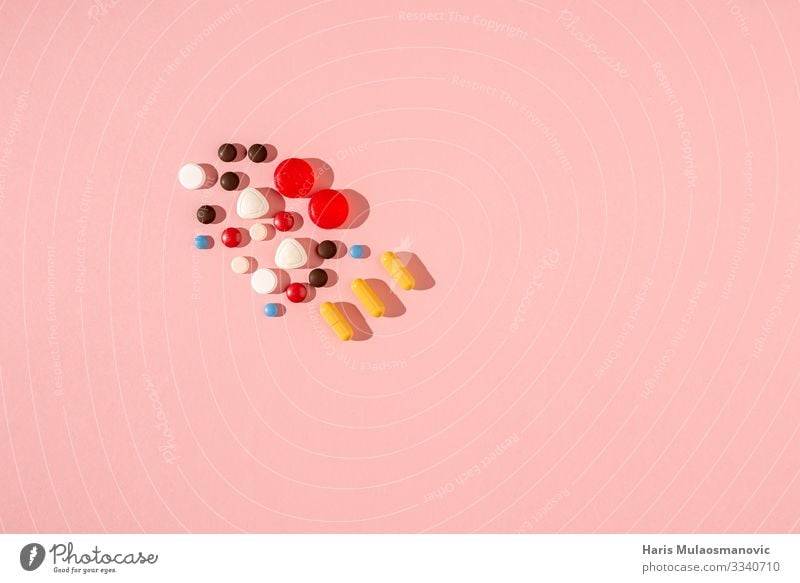 Medicine colorful on pink background Nutrition Sleep Sadness Blue Brown Yellow Pink Red White Moody Dedication Serene Stress Contempt Addiction Medication