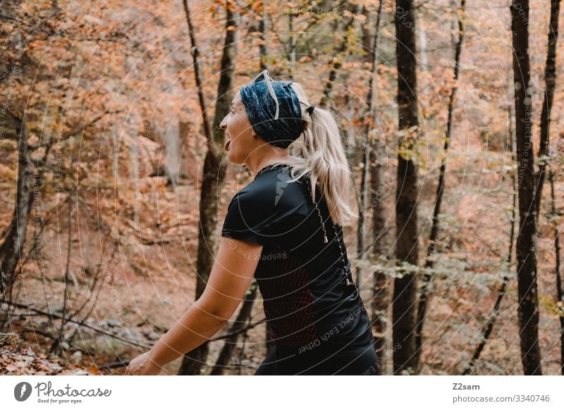 Hiking on the Brecherspitz | Bavaria crusher tip mountain Alps Forest Going Athletic Sports warm Autumn Green Brown Woman Blue sky tranquillity Relaxation