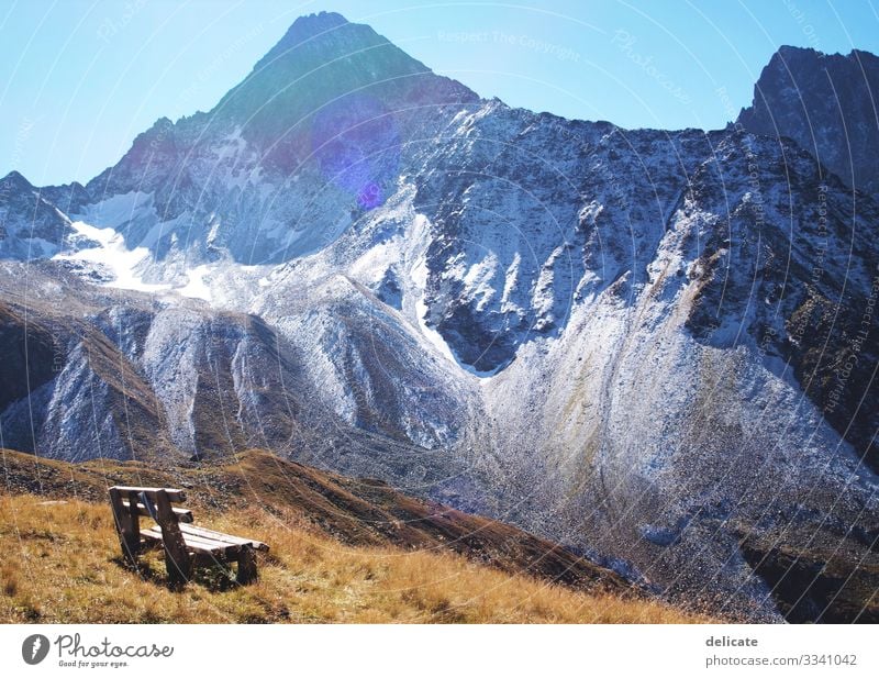 time-out Vacation & Travel Tourism Trip Adventure Far-off places Freedom Mountain Hiking Rock Alps Peak Snowcapped peak Glacier Bench Sit Break Relaxation