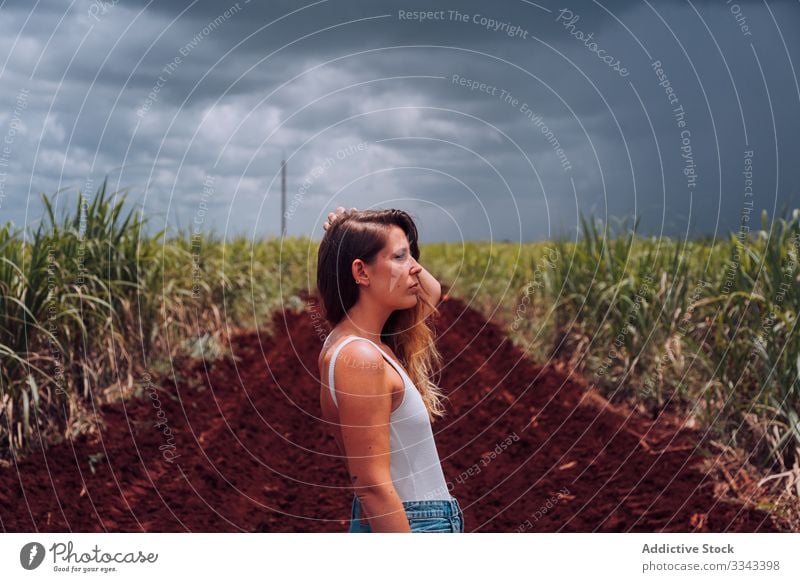 Female tourist amid green plants at farmland woman field countryside rural overcast cloudy heaven sky female casual standing summer nature agriculture young