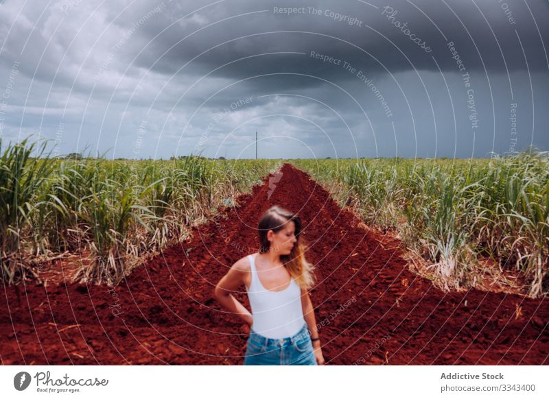 Female tourist amid green plants at farmland woman field countryside rural overcast cloudy heaven sky female casual standing summer nature agriculture young