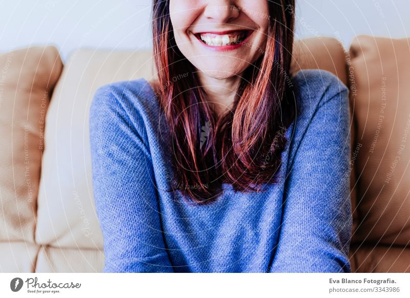 close up portrait of a young woman laughing. Fun at home, indoors Portrait photograph fooling grimacing Smiling Make-up Nice Joy Attractive Fashion Lady