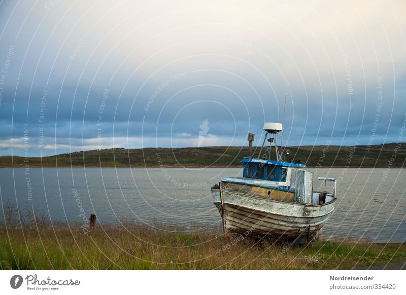 grow old Senses Calm Ocean Sky Clouds Summer Coast Fjord Navigation Fishing boat Old Authentic Dark Senior citizen Loneliness Transience Time Colour photo