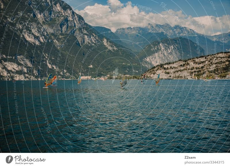 Surfing on Lake Garda | Riva del Garda Italy northern italy Summer Aquatics Water mountains Clouds Sky Beautiful weather water blue Mountain Colour photo