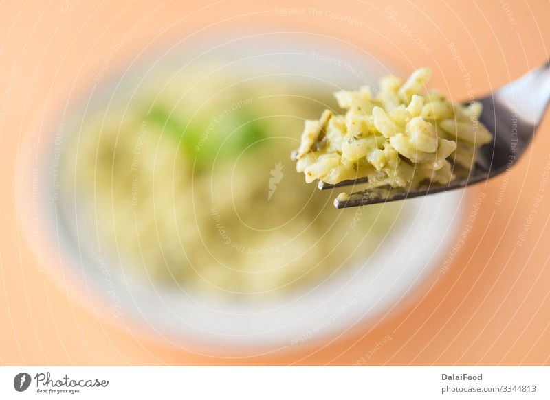 Green rice typical food ecuatorian Lunch Vegetarian diet Fork Tradition Basil brown background Cooking Coriander ecuatorian rice Gourmet green rice healthy