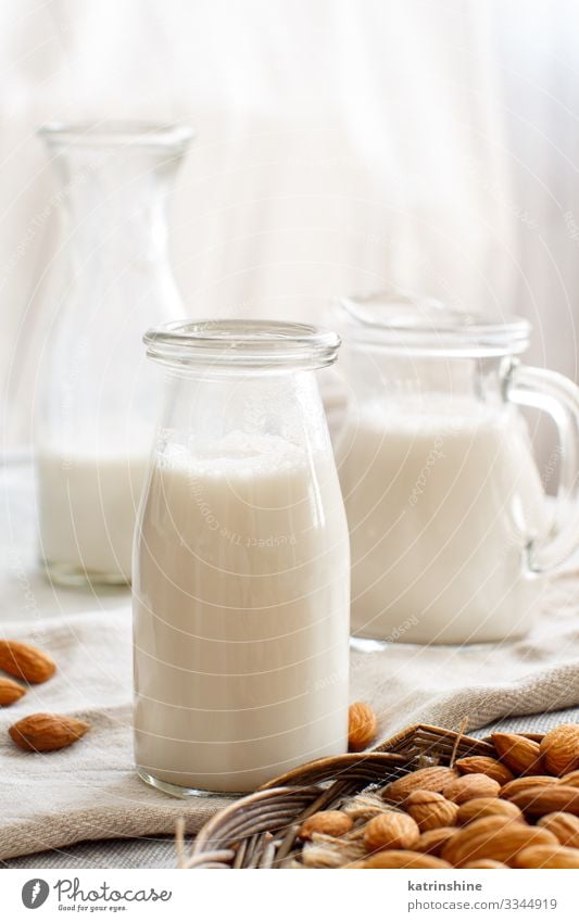 Vegan almond milk, non dairy alternative milk Vegetable Nutrition Breakfast Vegetarian diet Diet Beverage Bottle Fresh Natural Alternative almonds Vegan diet