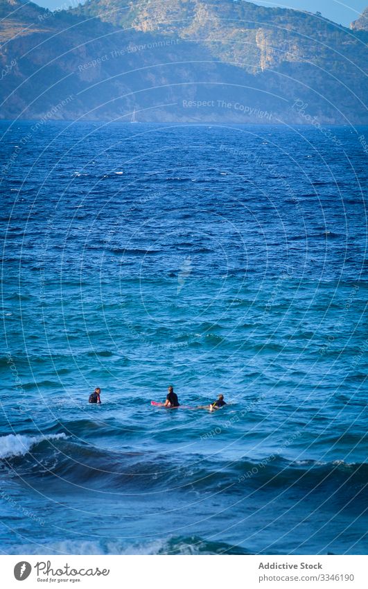 Group of surfers on boards in sea people wave water wait extreme sport together group ocean ride lifestyle splash foam catch blue scenery crash nature scenic