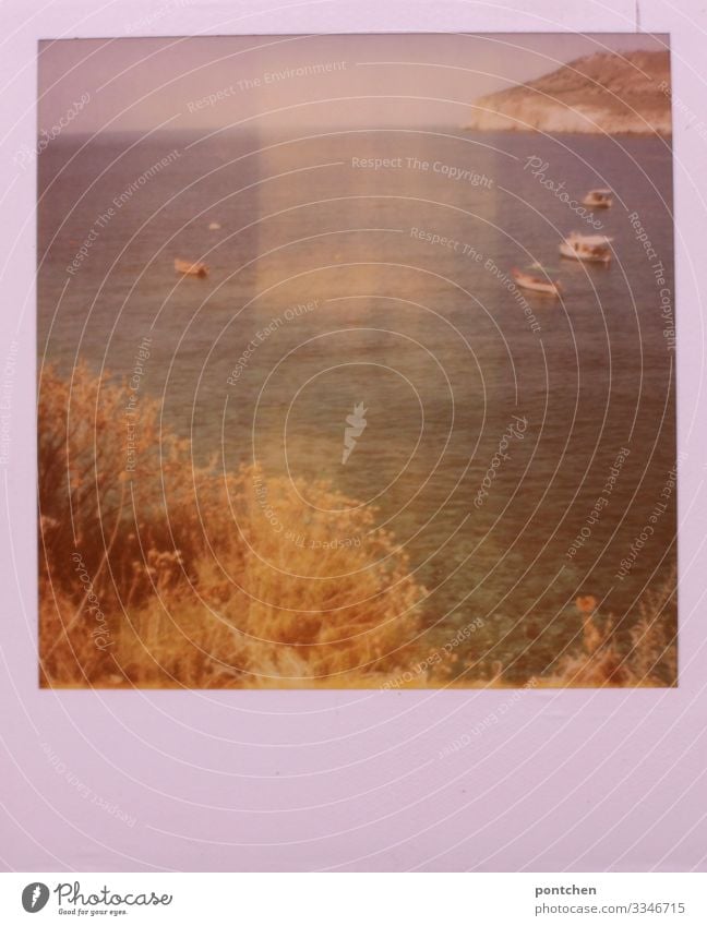 Polaroid shows fishing boats in the Greek sea. Fishing (Angle) Vacation & Travel Summer vacation Sunbathing Beach Ocean Island Landscape Water Sky Cloudless sky