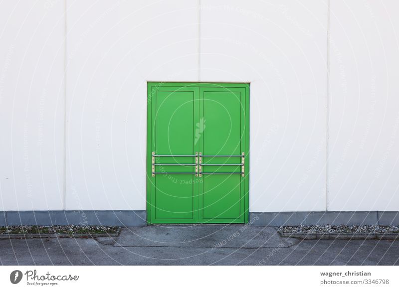 green door Industrial plant Building Wall (barrier) Wall (building) Facade Door Green Minimal Entrance Front door Minimalistic Emergency exit Middle White