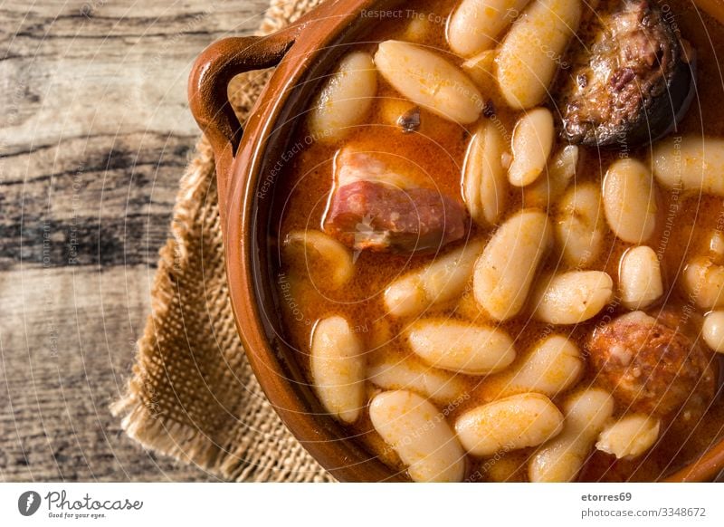 Typical Spanish fabada asturiana Bacon Beans chorizo Dinner Dish Food Healthy Eating Food photograph Ham Home-made iberico isolated Meat recipe Sauce Stew