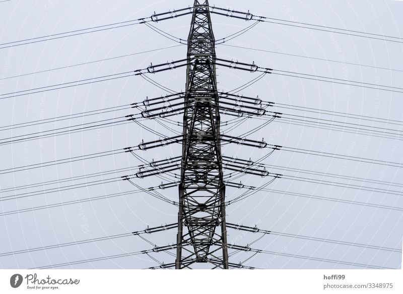 orderly line Energy industry Clouds Bad weather Fog Rain High voltage power line Electricity pylon Transmission lines Line Esthetic Dark Modern Town Bizarre