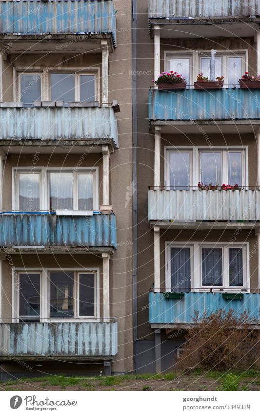 Panel by panel GDR New building New building block public housing Balcony Eastern Germany East German Small Town Penzlin Mecklenburg block of flats Facade