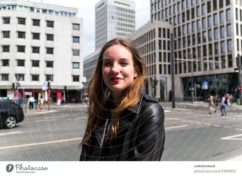 Portrait of Young Woman in Leather Coat with Urban Background Lifestyle Happy Beautiful Face Make-up Lipstick Adults Youth (Young adults) Building Street