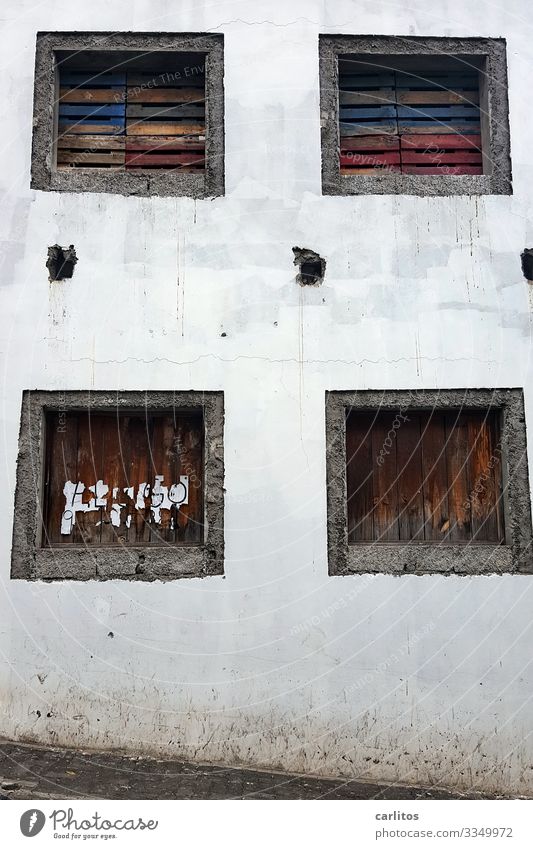 Madeira | Four closed windows in old house facade Portugal Camara de lobos Churchill Bay Facade expired windows locked Boarded forsake sb./sth. Tourism travel